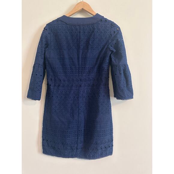 Trina Turk Navy Blue Brillant Bell Sleeve Eyelet Mini Dress Size 2 - Picture 3 of 4